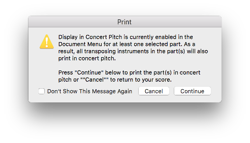 Display in Concert Pitch Printing Warning